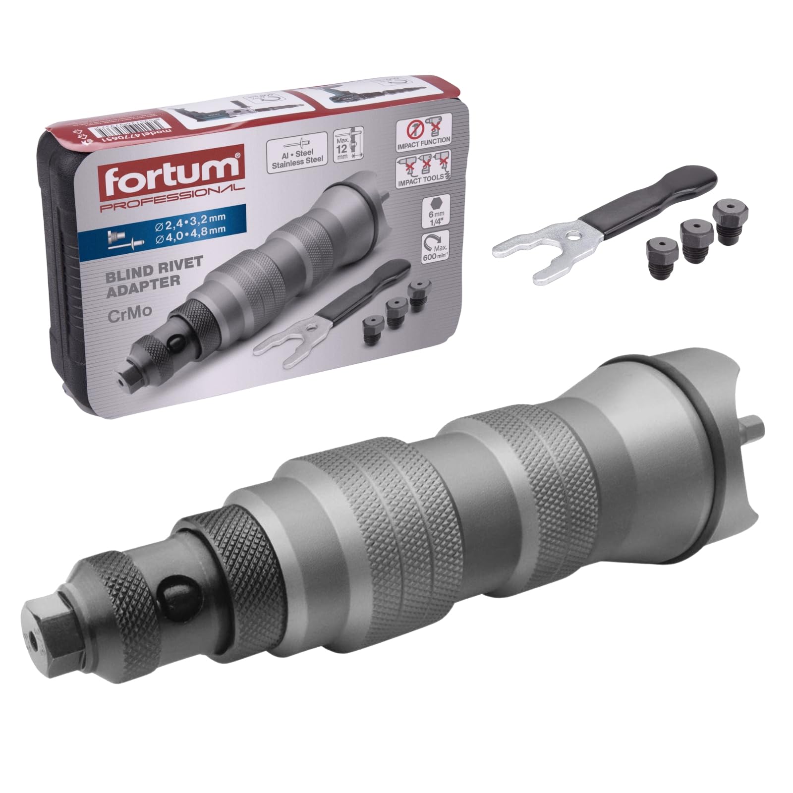 Fortum Rivet Attachment for Cordless Screwdriver & Drill I Riveter for Blind Rivets Made of Aluminium, Steel & Stainless Steel I Blind Rivet Attachment for 2.4-4.8 mm Rivets I Rivet Gun Adapter