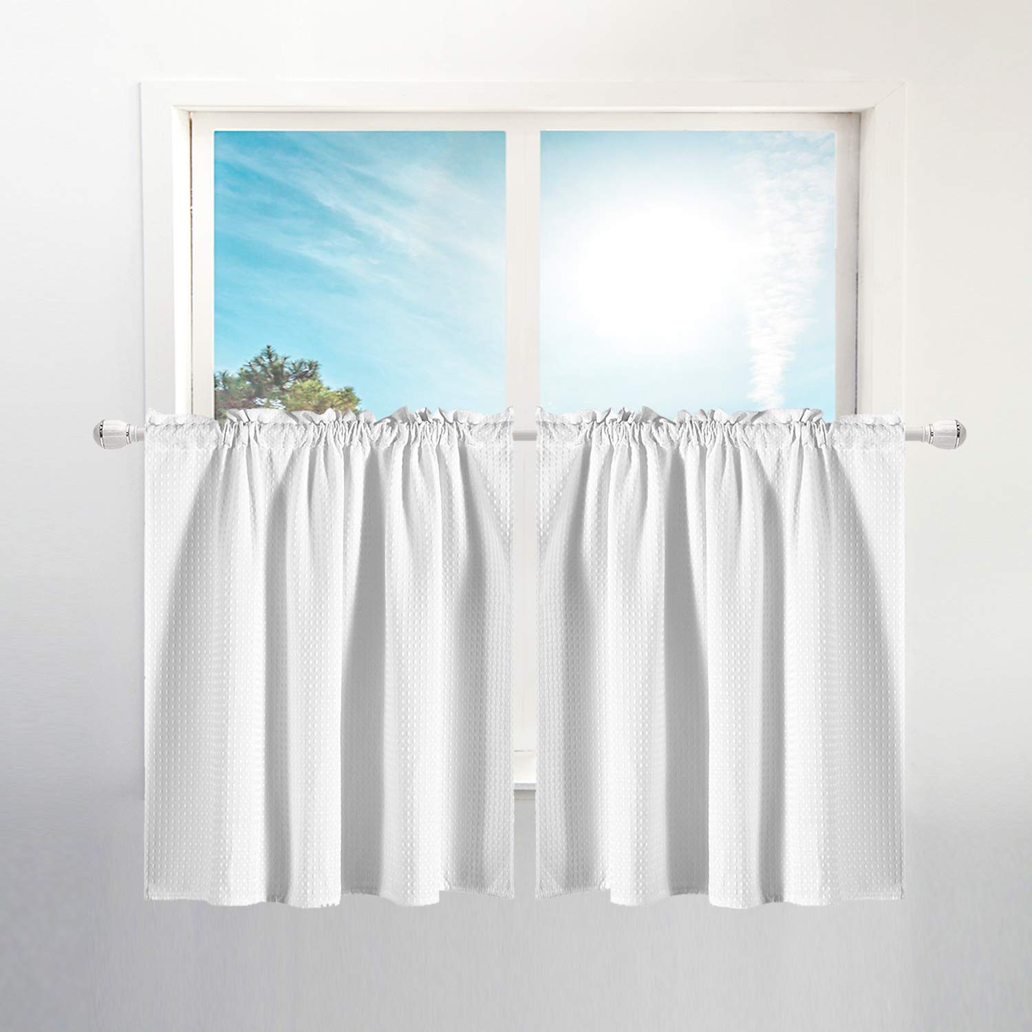 Waffle Weave Half Window Tier Curtains: 30 Inch Length for Small Window in Kitchen & Bathroom, Waterproof and Washable - White, 36" x 30" for Each Panel, Set of 2