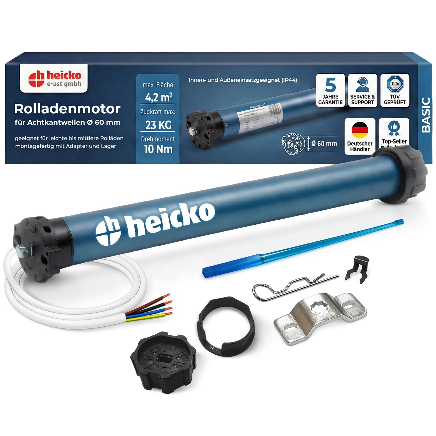 heicko Rollladenmotor | 10 Nm für SW60 Achtkantwelle | 23kg Zugkraft | Ohne Funk | Mechanische Endschalter | Leiser Rohrmotor | Wartungsfrei | IP44 Schutz für Innen und Außen