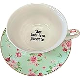 Three Black Cats Bone China "You've been poisoned- Bye" Tea Cup and Saucer Set, 8 Oz, Sea Foam Green and Pink Rose Pattern, Gold Trim