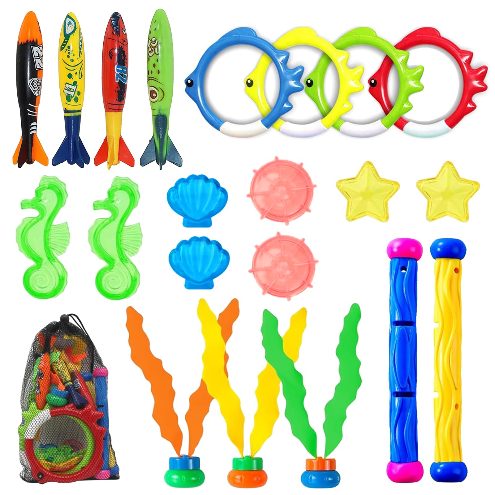 JDBlissful 22Pcs Diving Pool Toys, Diving Toys for Swimming Pool, Toy Underwater Swimming with Diving Rings, Diving Torpedo, Diving Seagrass, for Kids Summer Swimming Pool Party Favors