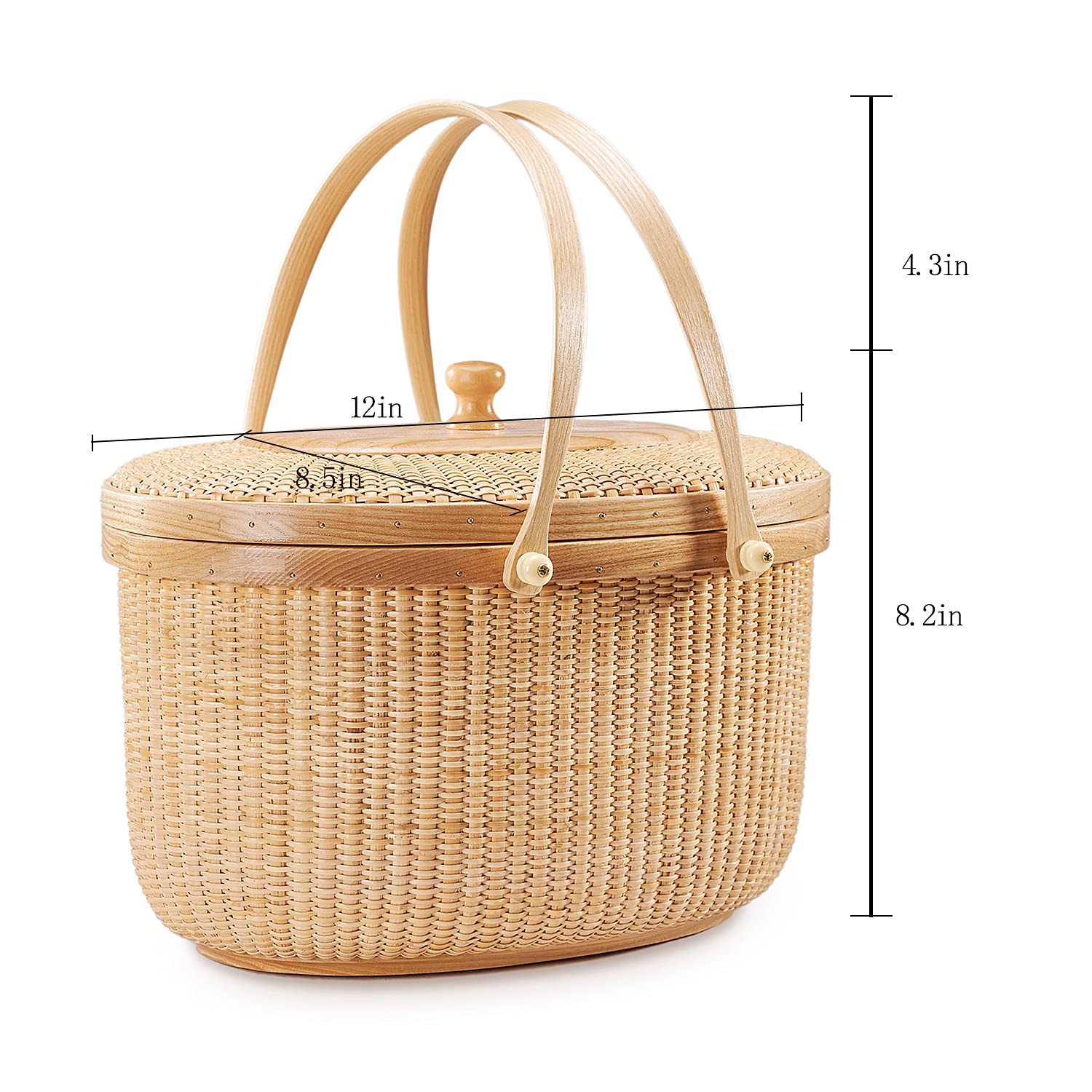 Nantucket Sewing Basket Purse, Containers with Dual Wood Handles .Cane-on-cane weave cane basket craft basket, with lid basket with handle