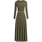 PRETTYGARDEN Women Fall Spring 2 Piece Outfits Dressy Casual Ribbed Knit Long Sleeve Crop Top Maxi Flowy Skirts Matching Sets
