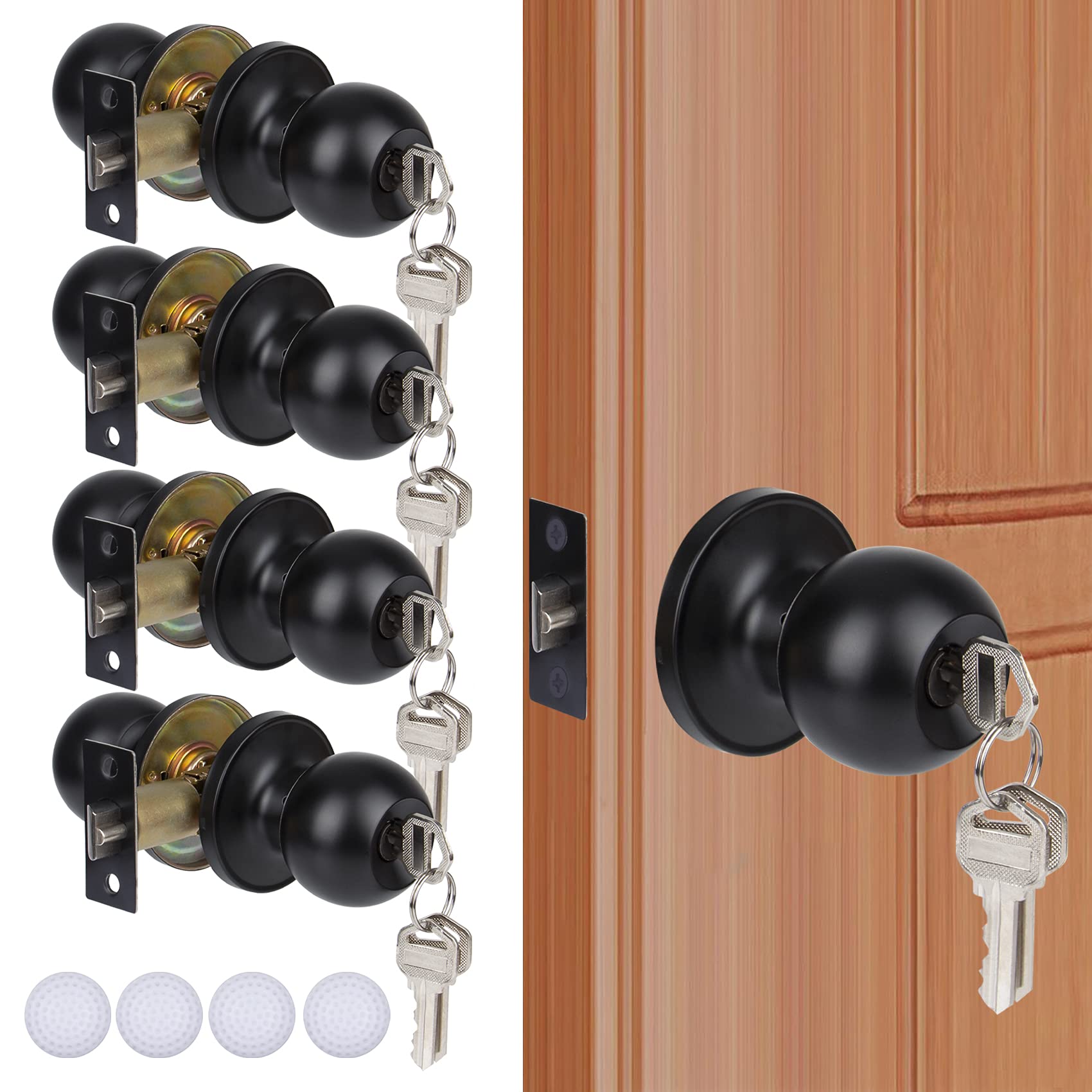 Photo 1 of KONIGEEHRE 4 Pack Keyed Entry Door Knobs Matte Black Round Exterior/Interior Door Lock with Keys for Bedroom Bathroom, Hardwares & Instruction Included(Not Keyed Alike)