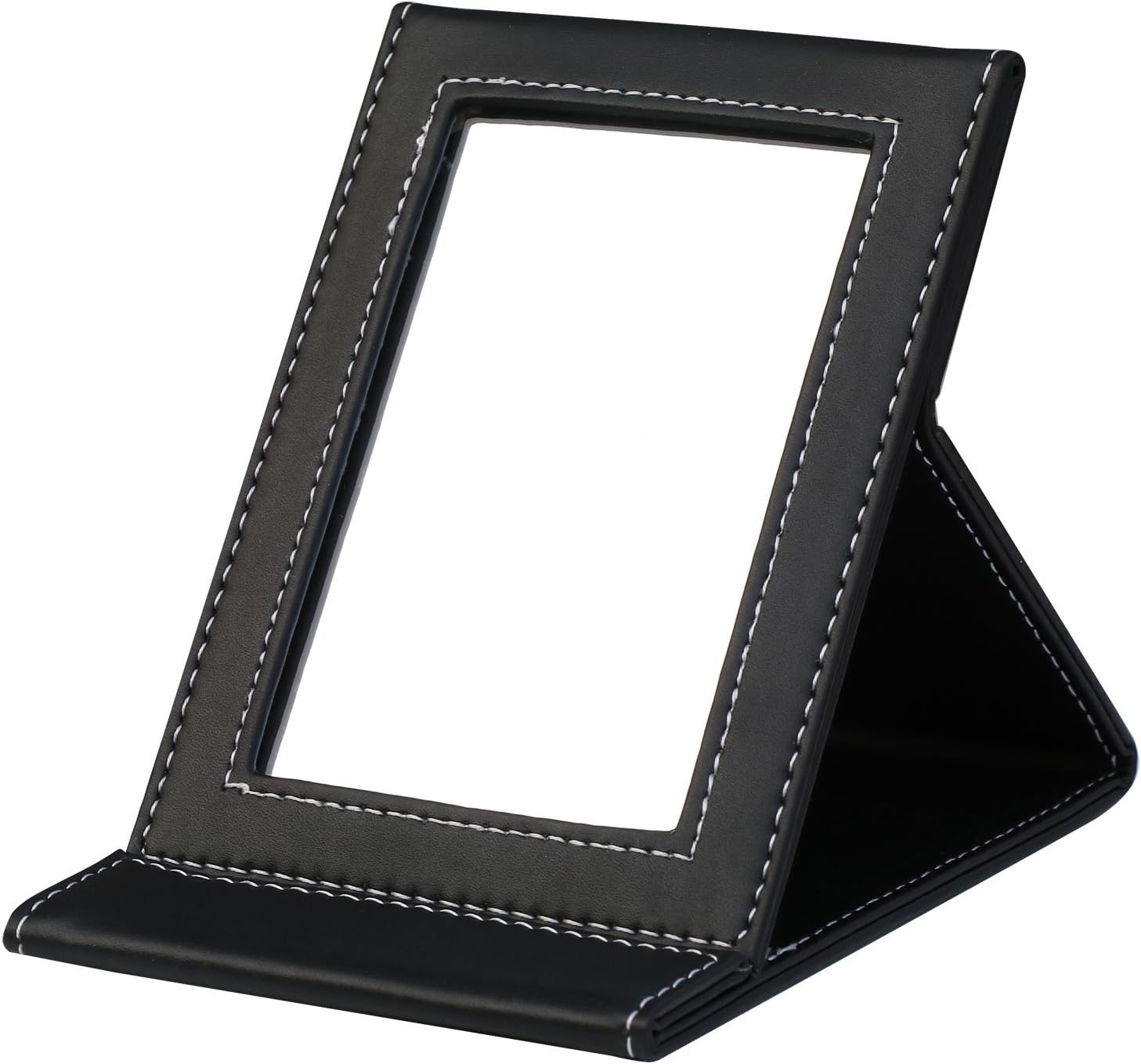 TRIXES 11.5cm x 7.5cm Folding Compact Vanity Make-Up Mirror with Black Vegan Leather Frame Stand - Image 3