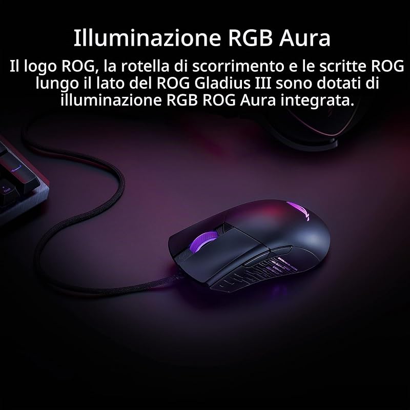ROG Gladius III Mouse Gaming Cablato Nero, 6 Pulsanti Programmabili