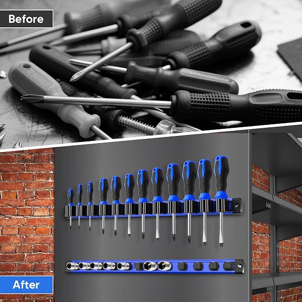 6 PIECE MAGNETIC TOOL ORGANIZER SET, HOLDS SCREWDRIVERS, WRENCHES & SOCKETS (12-SLOT RAIL X3, L/M/S SOCKET HOLDERS), WORKSHOP WALL MOUNT, SPACE-SAVING TOOL STORAGE, STRONG GRIP (TOOLS NOT INCLUDED)