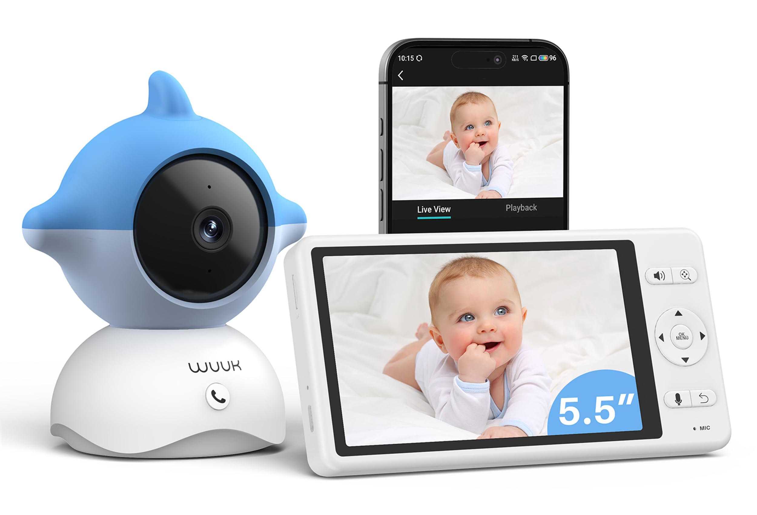 WUUK 2K Baby Monitor Camera with APP, 5.5" Display with 360° PTZ Color Display Video Baby Monitor, 135° Wide Angle, 3700mAh Battery, Ultra-clear Night Vision, Temper & Humidity Sensor, Cry Detection