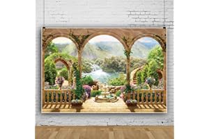 Leowefowa Garden Balcony Flowers Backdrop Vinyl 8x4ft Romantic Arches Photography Background Mountain Sea Landscape Waterfall