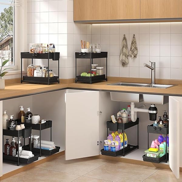 SEVENBLUE 3 PACK UNDER SINK ORGANIZERS,2-TIER MULTI-USE KITCHEN AND BATHROOM ORGANIZERS AND STORAGE WITH SLIDING DRAWERS,BATHROOM CABINET ORGANIZER (BLACK,12.8 INCH)