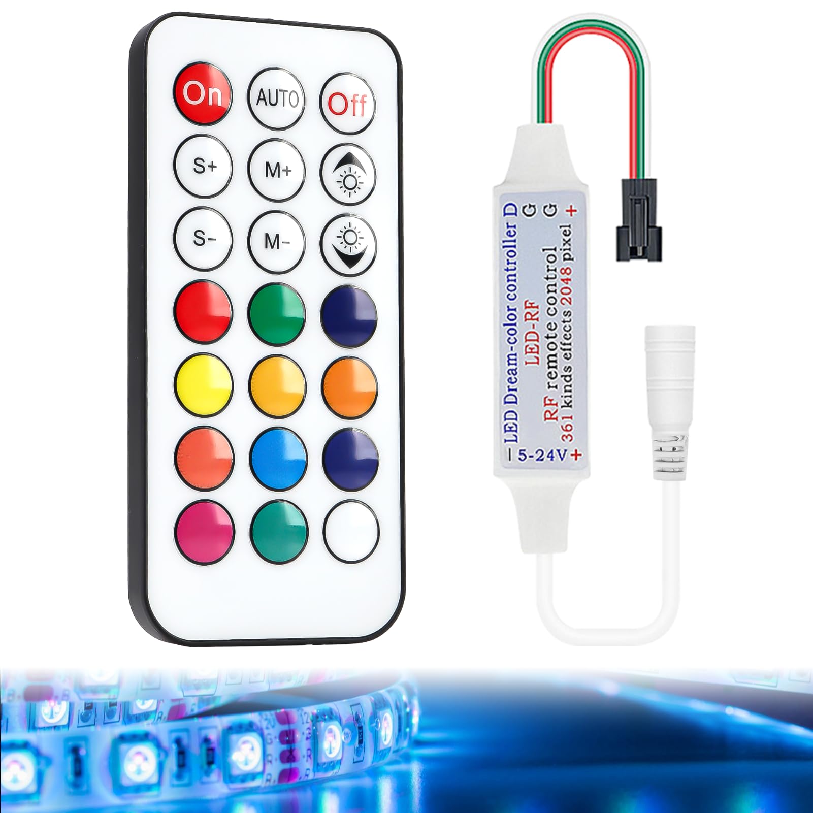 WrteEase RF Remote LED Controller for WS2812B/WS2811 Addressable LED Strip, DC 5V-24V 3-Pin JST Pixel Light Controller, 21-Key Remote, 300+ Dynamic Modes, Memory Function, Up to 2048 Pixels