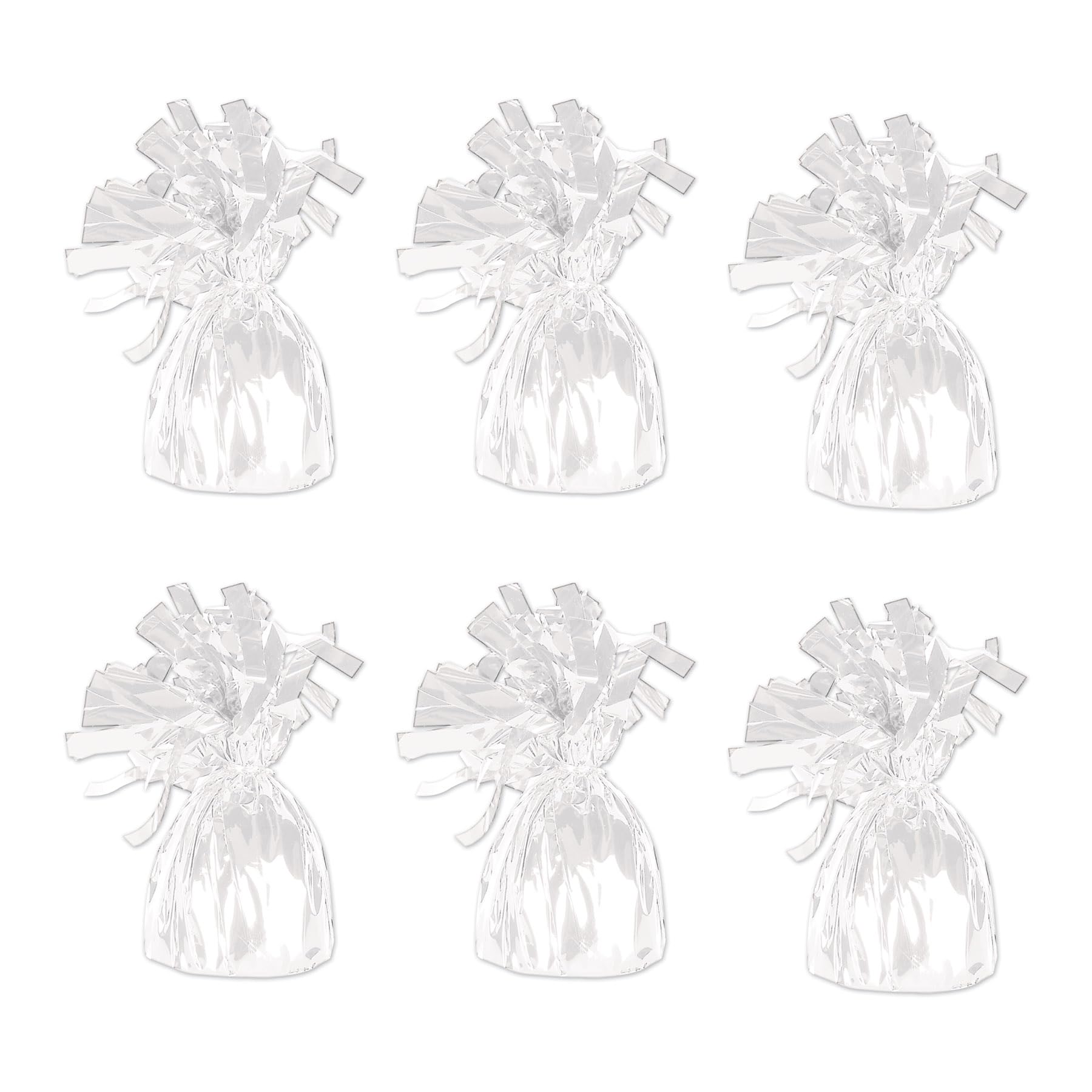 Photo 1 of Beistle White Metallic Plastic Wrapped Balloon Weights For Birthday Parties, Weddings, Anniversaries, Table Décor, Celebrating With You Since 1900, 5.5" x 2.5", 6 Piece