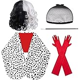 Halloween Costume for Women Cruella Deville Cosplay -Dalmatian Shawl,Black and White Wig,1920s Red Gloves, Holder for Woman