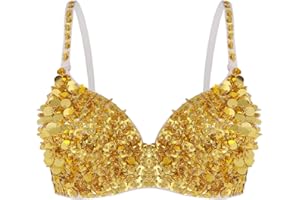 Kvysinly Women's Sparkle Belly Dance Costume Bra Top Sequin Rave Dance Crop Tops Party Club Wear