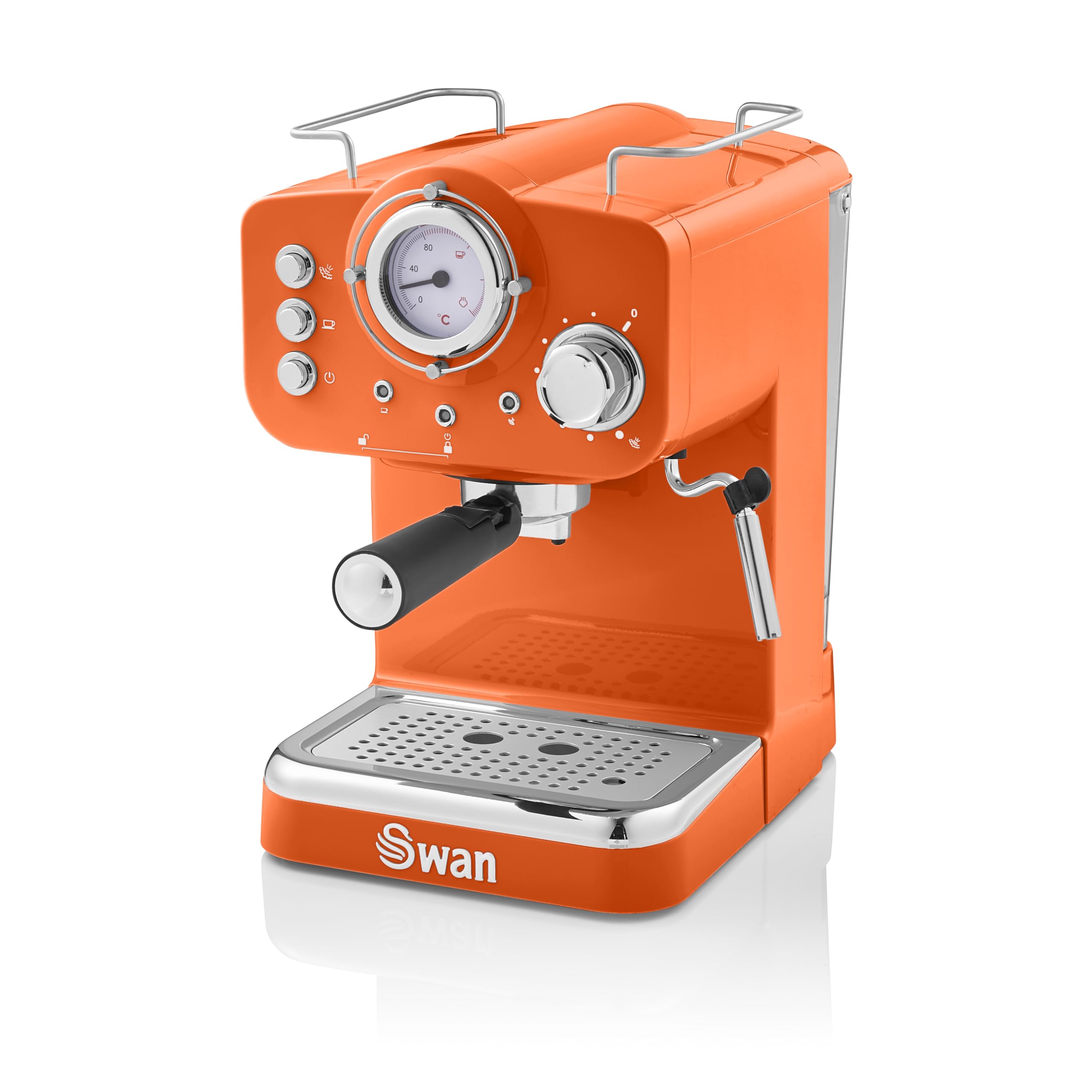 Swan SK22110ON Retro Espresso Coffee Machine with Milk Frother, Steam Pressure Control, 1.2L Detachable Water Tank, 1100W, Retro Orange