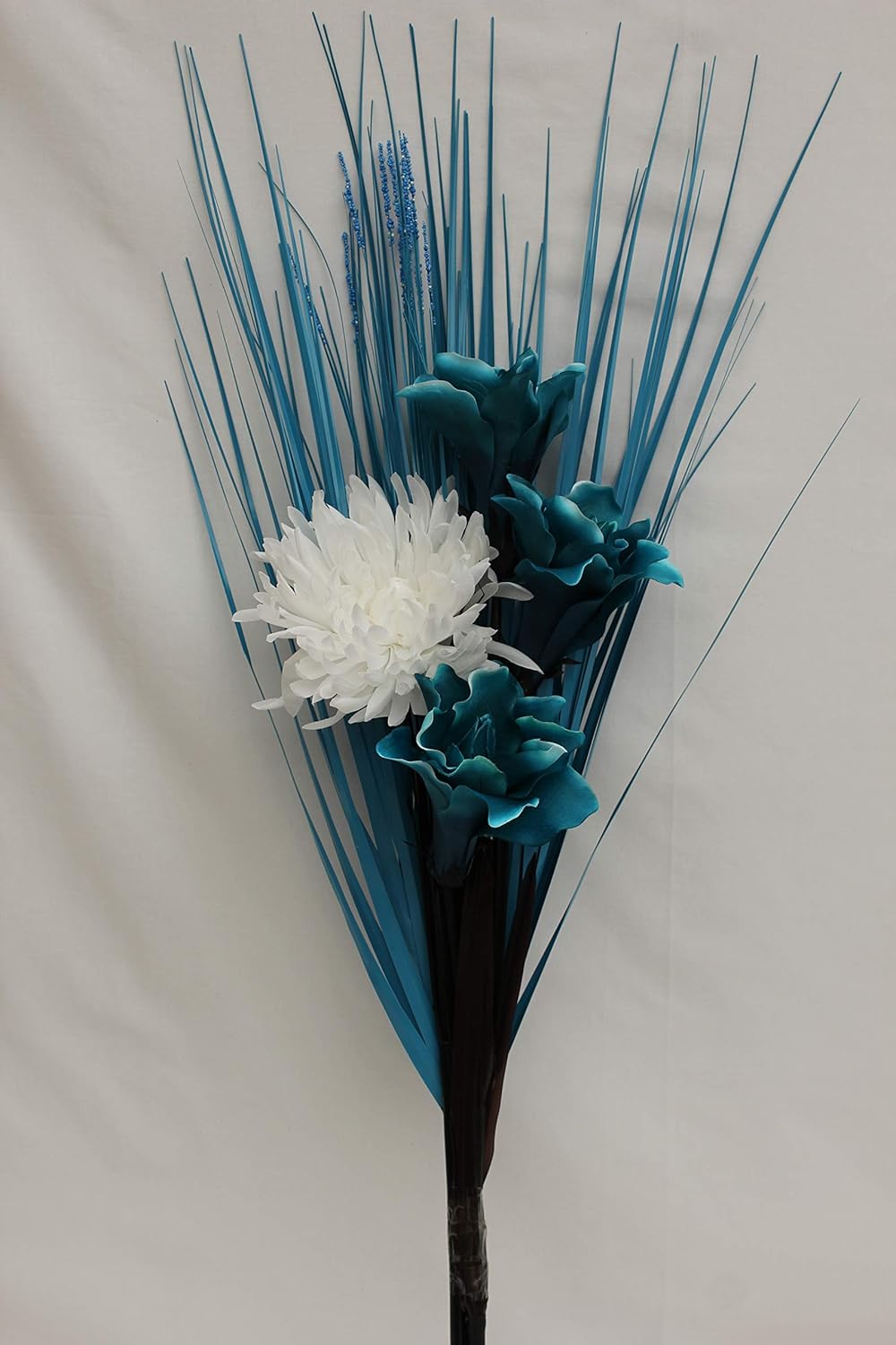 Simply Gifts Artificial Silk White Pom Pom Teal Lily Mixed Flower Bouquet Ready For Vase