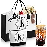 Aliceset Initial Gifts for Women Monogrammed Canvas Tote Bag with Zipper Pockets Reusable Grocery Bags and Glass Straws Cup(Letter K)