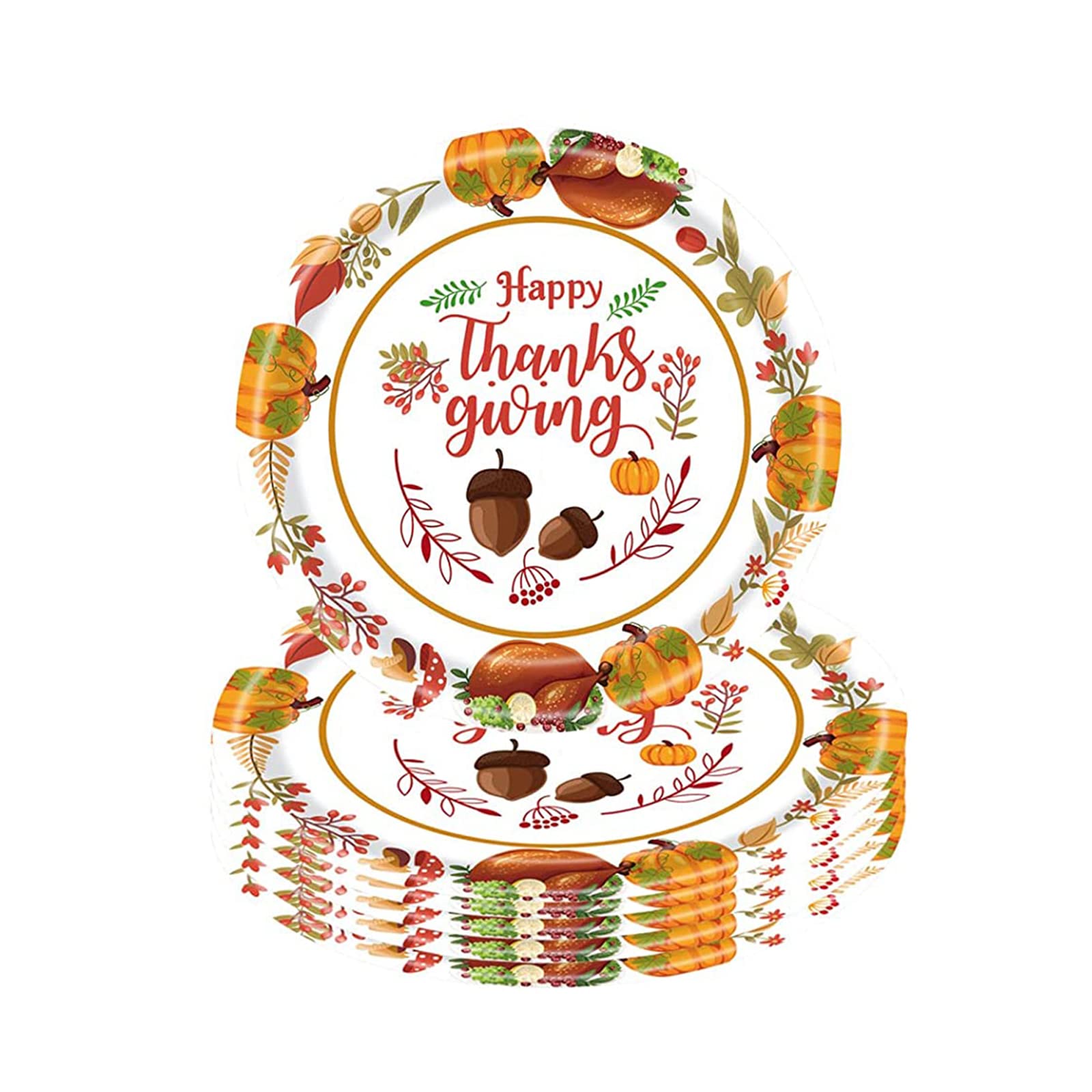 YAAVAAW 16Pcs Thanksgiving Party Paper Plates 23cm - Autumn Fall Decor With Turkey, Pumpkin, Maple Leaf for Harvest Dinner Table Decorations