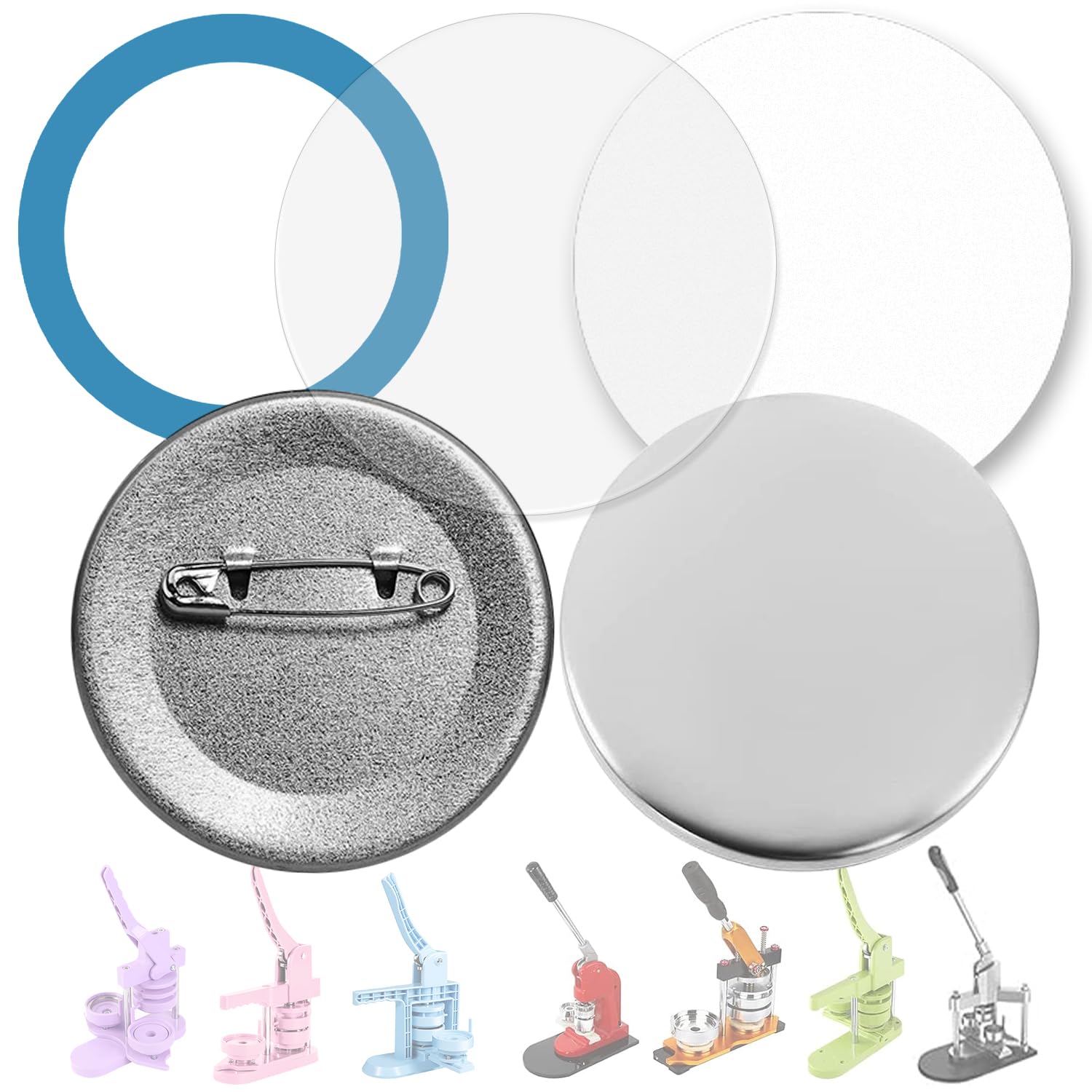Photo 1 of 100 Sets 58mm / 2.25 in (Approx. 2-1/4 inch) Button Making Supplies for Your Round Button Maker Machine, Including Metal Covers, Metal pin Back Cover, Clear Plastic Film, Blank Paper & Gasket