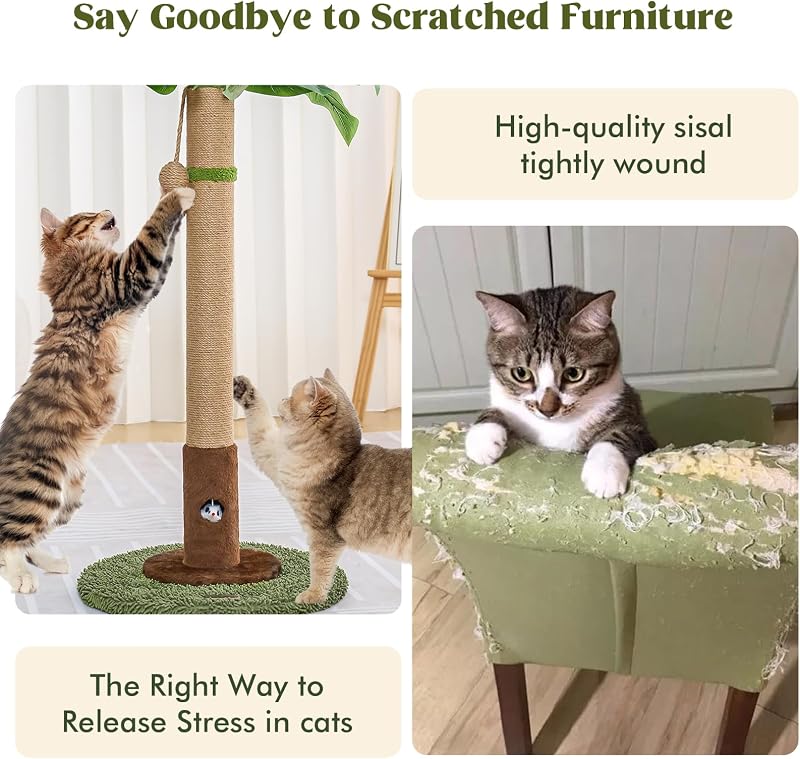 Tiragraffi per gatti alto 89 cm, con foro per topi e corda in sisal, per adulti, gatti e gattini, con giocattolo per gatti e palla da appendere, per gatti da interni (verde)