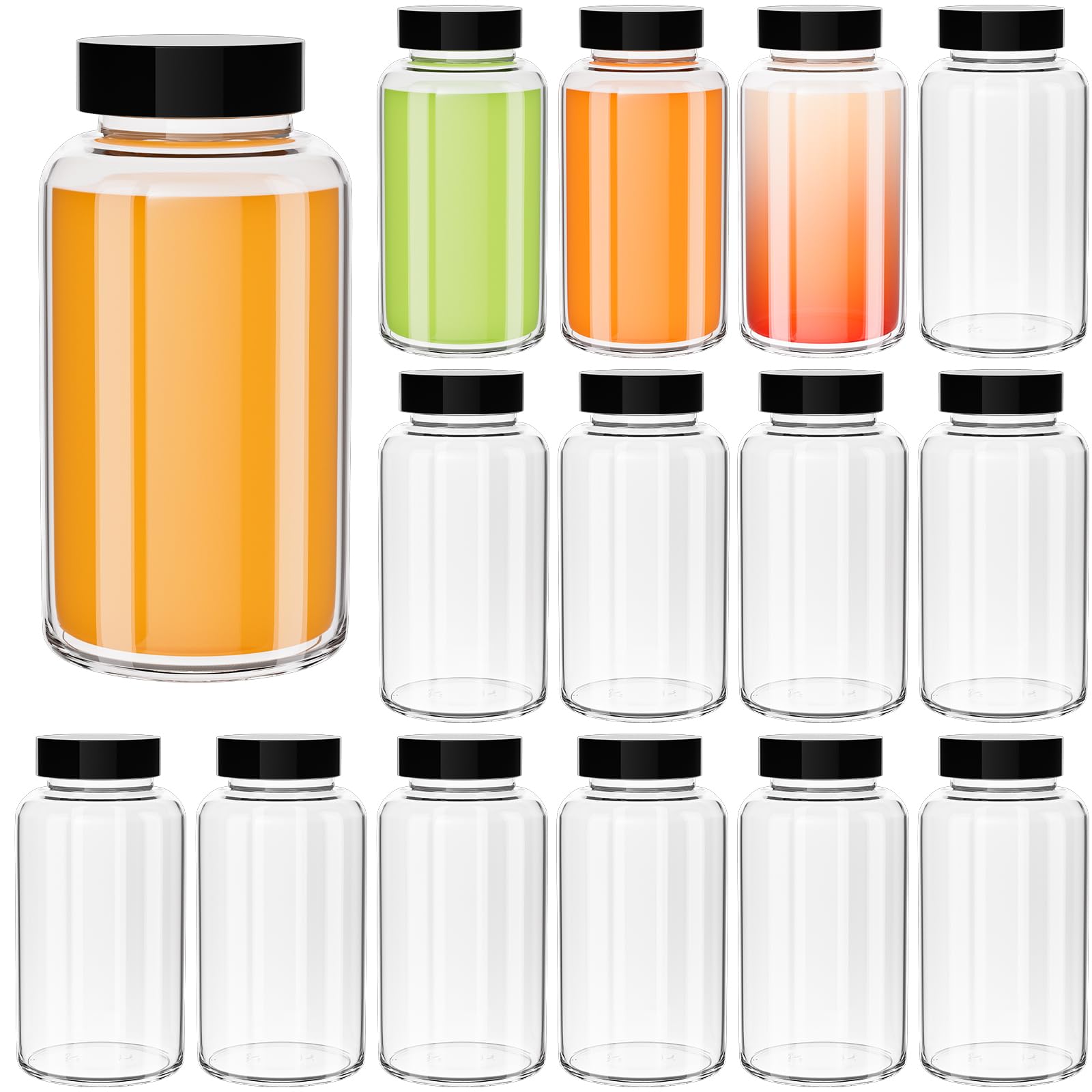 Photo 1 of Keketin (9 Pack) 4 oz Glass Shot Bottles with Black Lids,120ml Empty Glass Juice Bottles for Whiskey,Wide Mouth Clear Glass Bottle with Labels for Beverages,Milk & Liquids Storage
