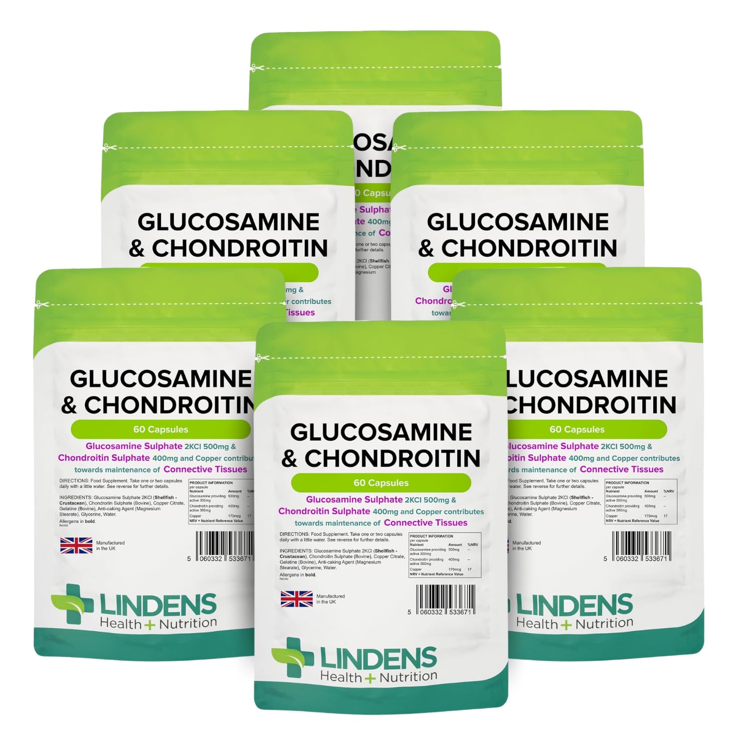 Lindens - Glucosamine & Chondroitin, 360 Capsules (60 x 6 Packs) - UK Made - Glucosamine Sulphate 2KCl 500mg, Chondroitin 400mg with Copper - Connective Tissue & Joint Support, Letterbox Friendly