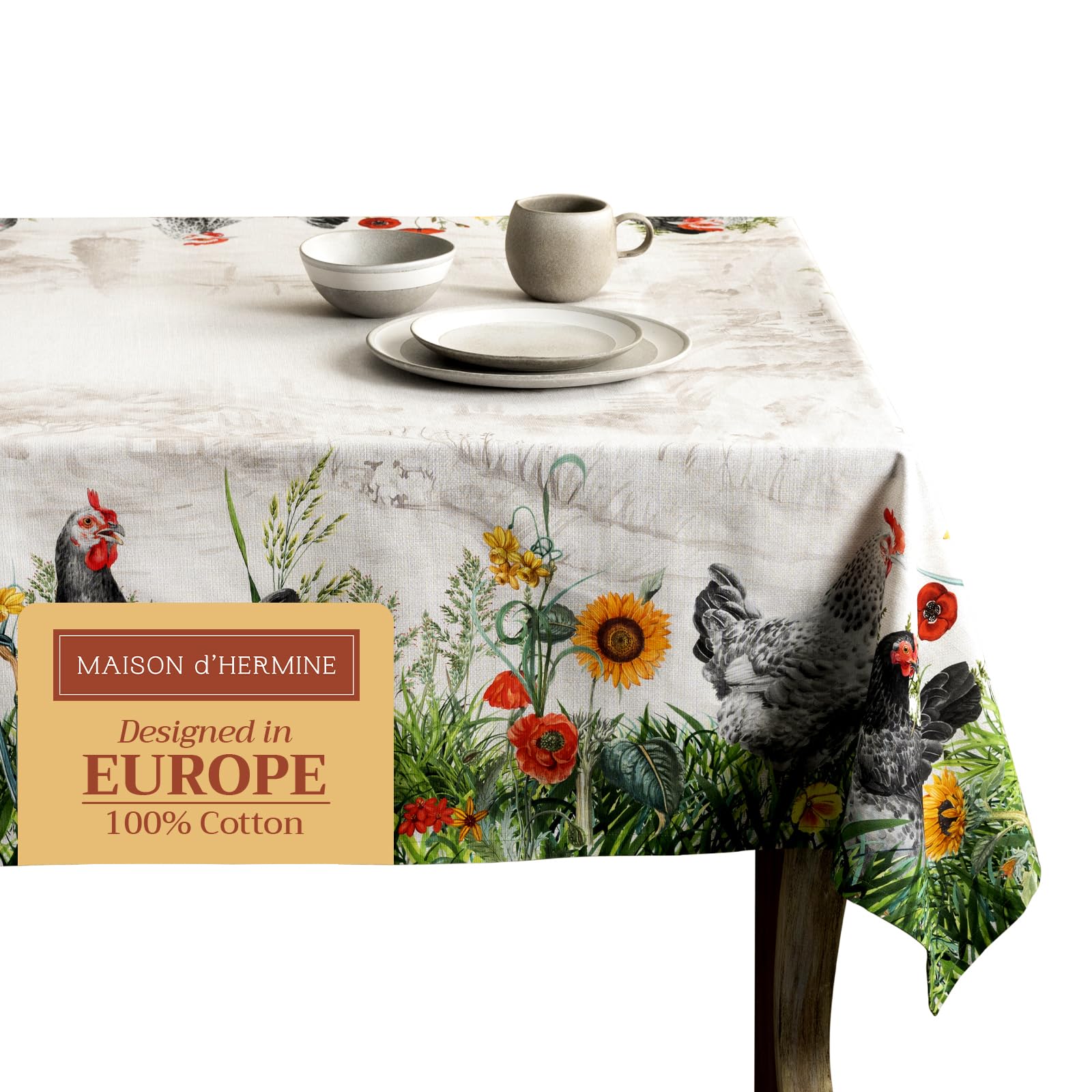 Maison d' Hermine Table Cloth Rectangle Table 100% Cotton 230 cm x 140 cm Tablecloth Reusable Everyday Use for Dining Farmhouse Home Party Festive Gifts for Mothers Day (Basse Cour) — image 1