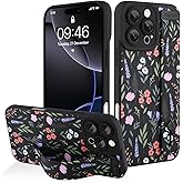 AIGOMARA for iPhone 16 Pro Case with Strap for Women Girls, Cute Floral Flowers Pattern, Soft Wristband Kickstand Silicone Protective Cover, Black