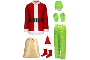 Opemon 8 PCS Christmas Costume Green Furry Monster Santa Outfit Adult Men Halloween Deluxe Plush Suit Cosplay for Holiday