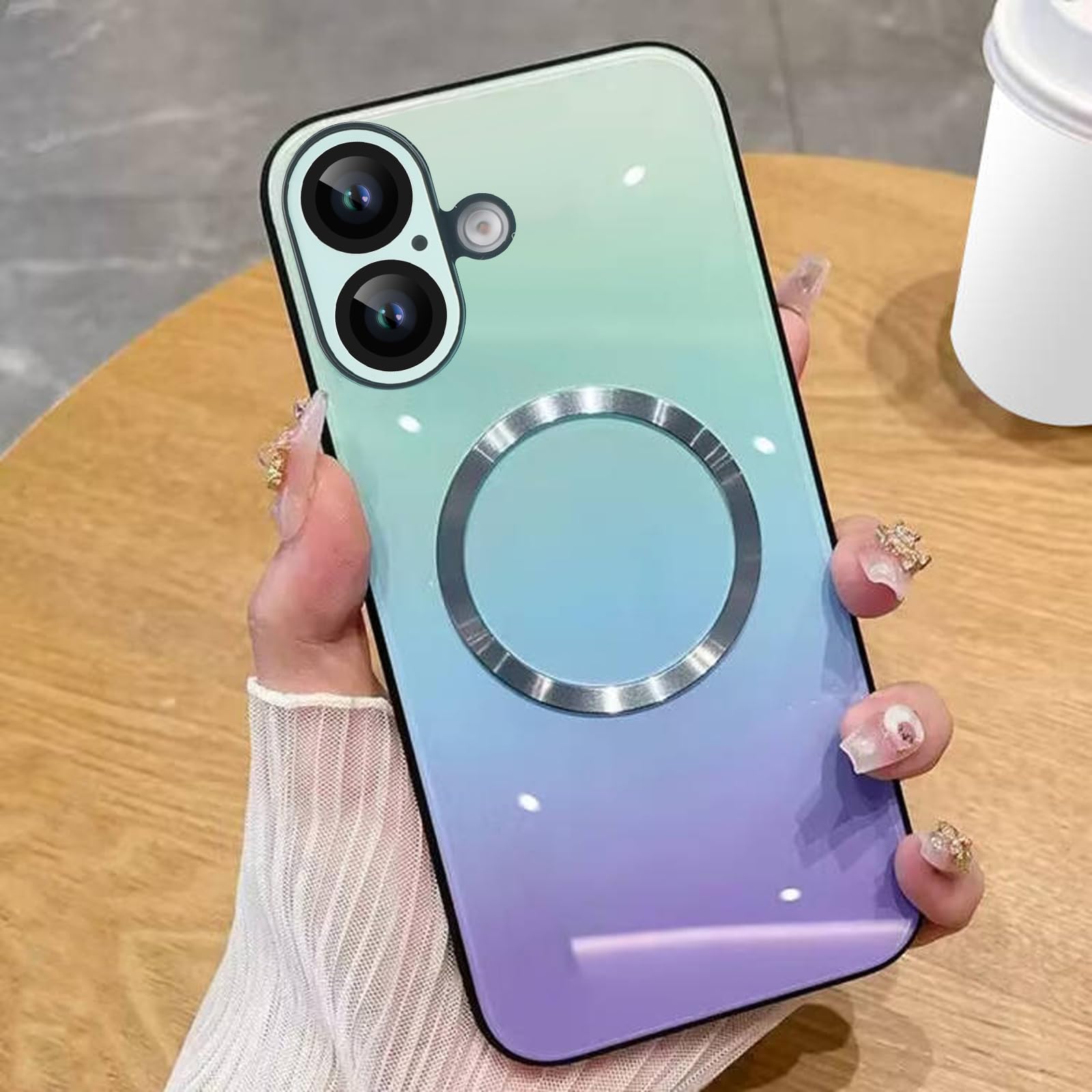 Guppy Compatible with iPhone 16 Plus Case Magnetic, with Full Camera Lens Protector [Compatible with MagSafe] Scratch Resistant Gradient Glass Back Cover Phone Case-Blue