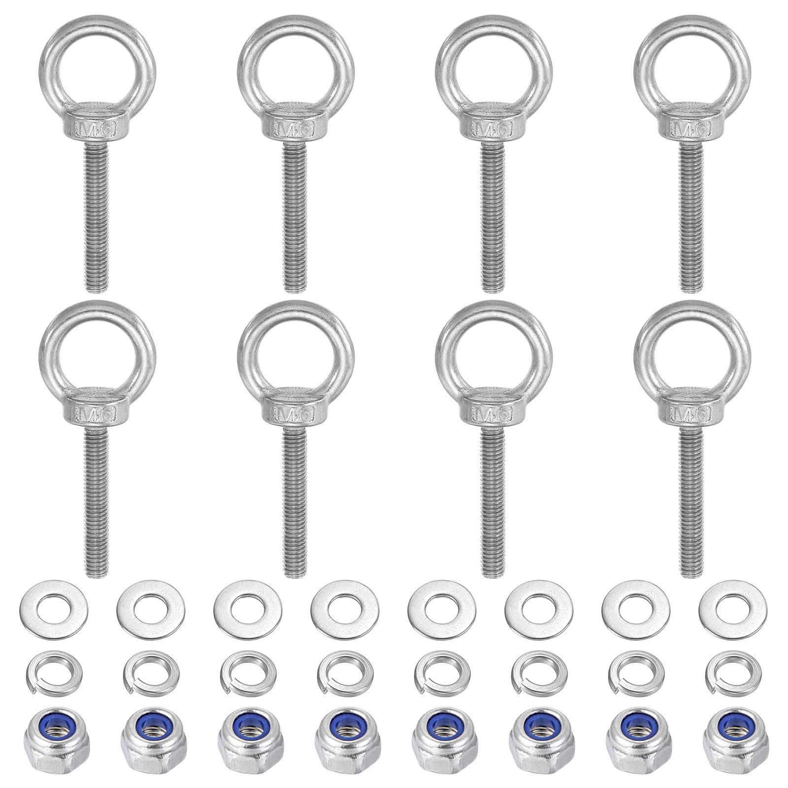 PATIKIL M6 x 40mm Lifting Shoulder Eye Bolt, 8Pcs 304 Stainless Steel Lifting Ring Threaded Eyebolt with Nuts Washers for Hanging Hammocks Articles