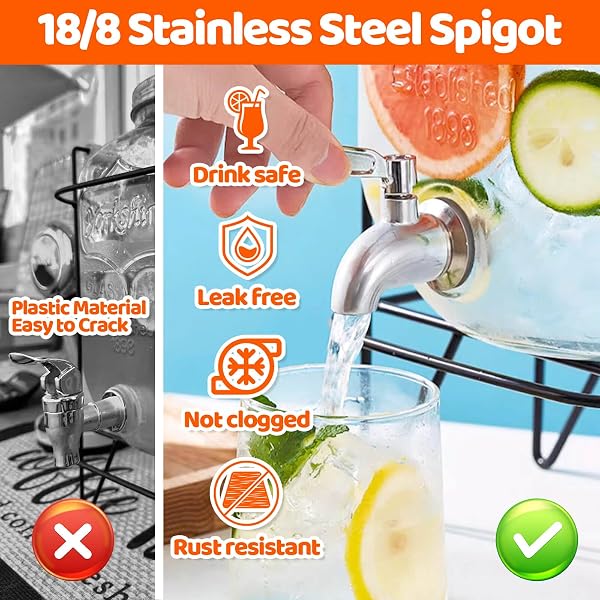 2 GALLON DRINK DISPENSERS – LARGE GLASS BEVERAGE DISPENSER FOR PARTIES WITH 18/8 STAINLESS STEEL SPIGOTS(2 SET), SUN TEA GLASS JAR FOR OUTSIDE, LEMONADE DISPENSER, PARTY‘S GIFT