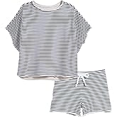 Bozanly Womens Loungewear Set Short Sleeve Top and Shorts Oversized 2 Piece Outfits Solid Color/Striped Matching Pajama Sets