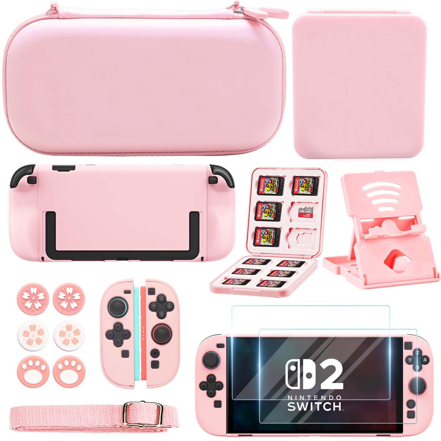 YOOWA Accessories Bundle for Nintendo Switch 2 2025 - Pink Cute Kawaii NS Accessory Kit for Girls with Girly Carrying Case, dockable case, Screen Protector Set, Card Holder, Stand for girls boys kids Image