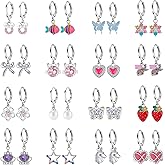 16 Pairs Hypoallergenic Earrings for Little Girls Kids Teens Sensitive Ears Silver Huggie Hoop Earrings with Charm CZ Heart Flower Butterfly Animal Cute Small Dangle Hoop Earrings Set