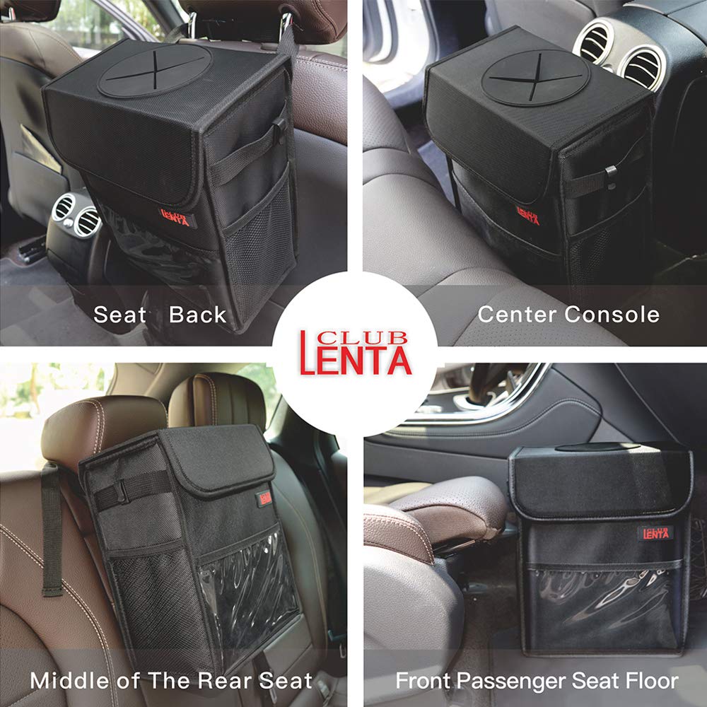 Car Garbage Can with Lid Multipurpose Trash Bin for Car Portable Car Trash Bag with Storage Pockets Hanging Car Trash Can100% Leak-Proof Car Organizer (Black)
