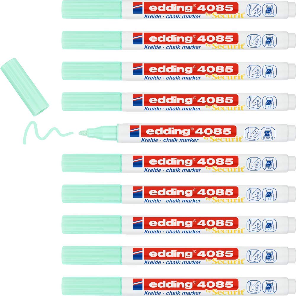 edding 4085 chalk marker - pastel-green - 10 chalk pens - round tip 1-2 mm - fine-tipped wet wipe pen for chalkboards, windows, glass, mirrors - liquid chalk marker pens for opaque coverage