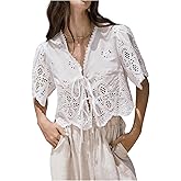 SOLY HUX Women's Hollow Tie Front Crop Tops Ruffle Short Sleeve V Neck Summer Blouse Shirts