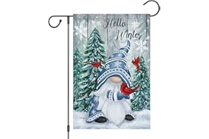 HEYFIBRO Hello Winter Gnome Garden Flag 12x18 Double Sided Burlap Cardinals Snowflakes Snow Garden Yard Flags for Winter Christmas Seasonal Outside Outdoor House Decoration (ONLY FLAG)