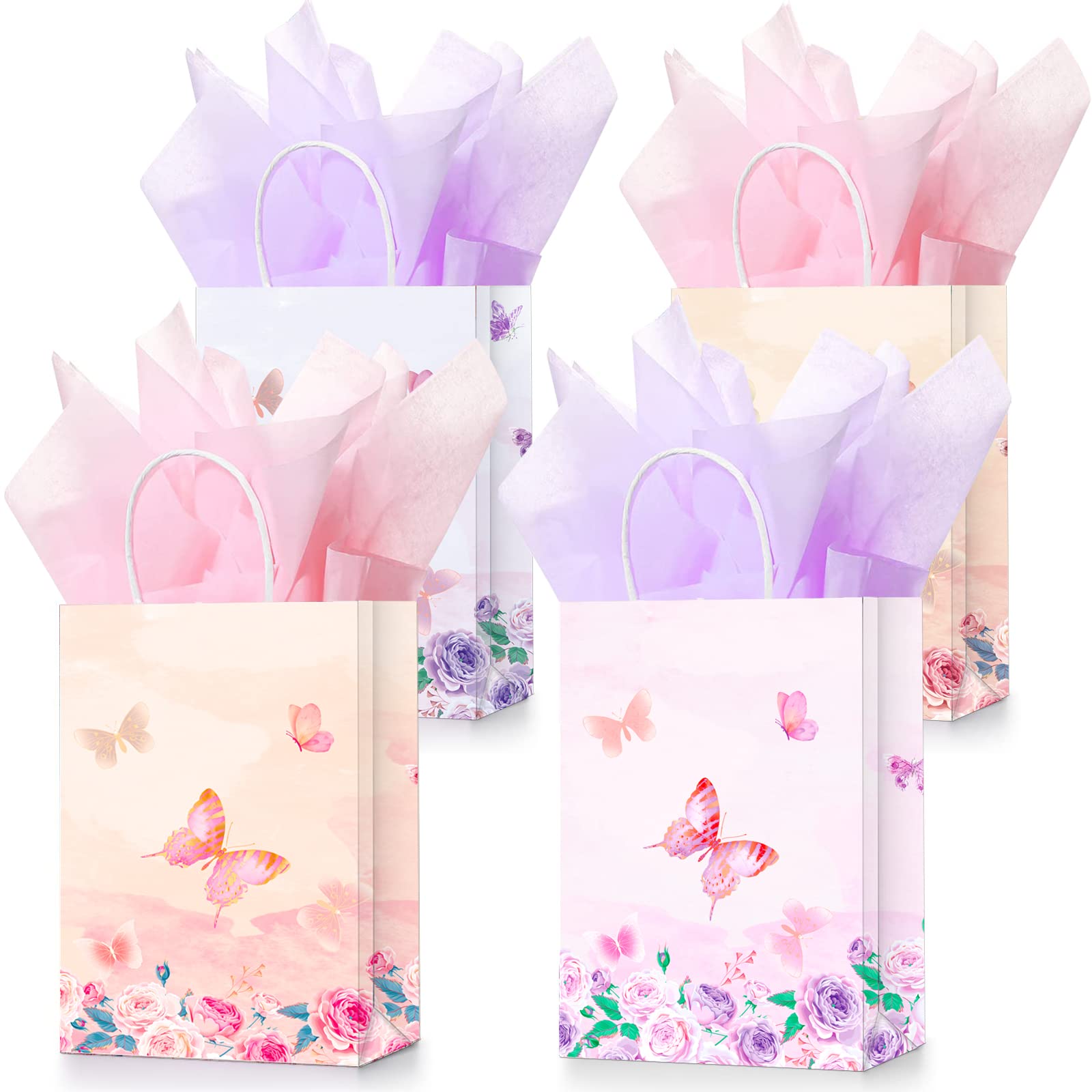 18 Pcs Butterfly Party Favors Gift Bags With Tissue Paper, Pink and Purple Flowers Goodie Treat Candy Bags With Handles for Girls Birthday Party Supplies