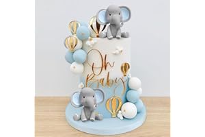 DRWATE Elephant Cake Decoration with Mini Elephant Oh Baby Cake Topper Blue White Pearl Balls Hot Air Balloon for Baby Shower Boy Elephant Theme Birthday Party Supplies (BLUE)