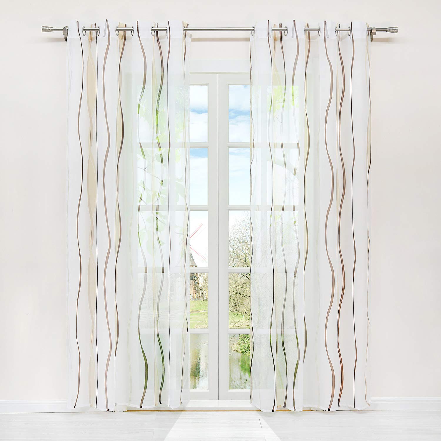 HongYa Set of 1 Sheer Voile Curtain with Eyelets Waves Design 225 x 140 cm Cream Brown