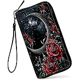 SDDFRHGH Wristlet Wallets for Women,Large Capacity RFID Blocking Leather Zip Around Travel Wallet Phone Purse Clutch Bag w/8 Cards Holder & Zip Inner Pocket-Moon with Red Rose Flower