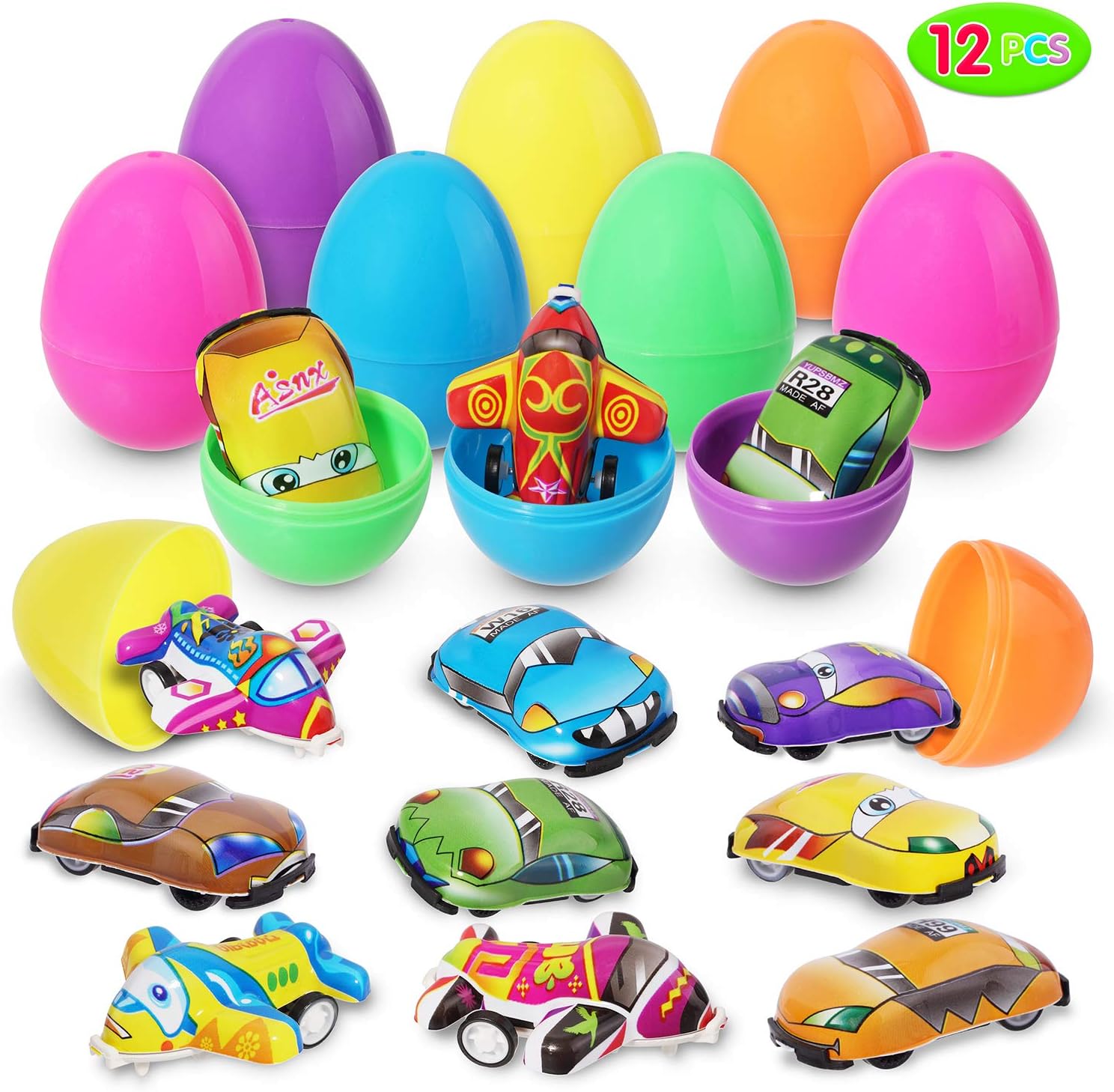 HiDreammy Easter Eggs Filled with Mini Pull-Back Vehicle Toys (12 Pcs); Cartoon Cars & Aeroplanes Set for Easter Theme Party Favor, Easter Eggs Hunt, Basket Filler, Classroom Prize Supplie