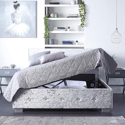 Aspire Beds Upholstered Side Opening Storage Ottoman Bed In Steel Plush Velvet Grey Linen Or Silver Crushed Velvet Fabrics Crushed Velvet Double 4ft6 135 190 Amazon Co Uk Kitchen Home