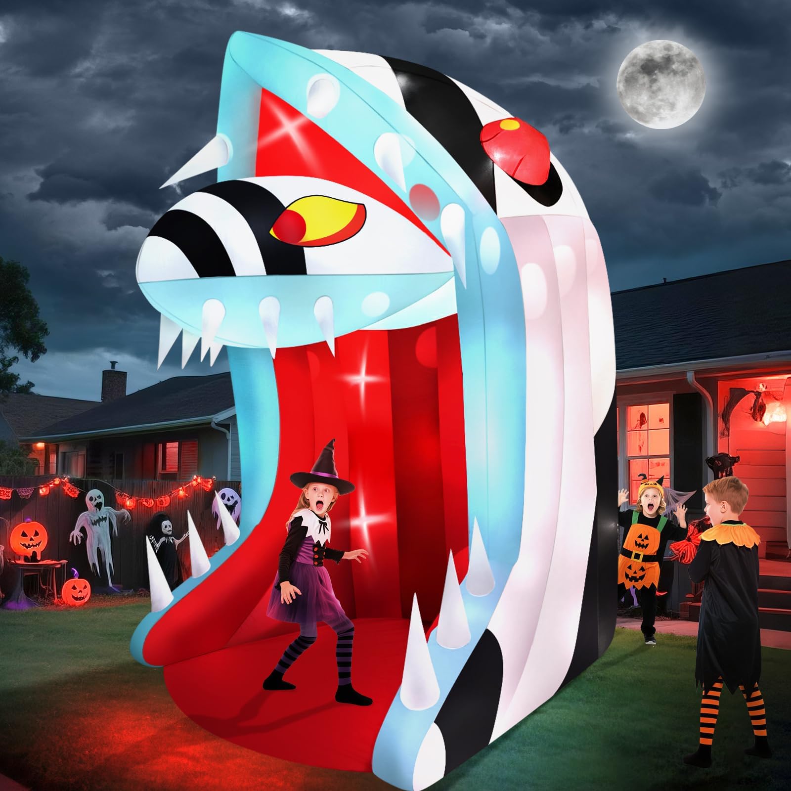 Photo 1 of 10FT Halloween Inflatable Snake Head with LED Light, Kalolary Halloween Outdoor Decoration with Open Mouth and Sharp Teeth, Halloween Inflatable Archway Halloween Snake Blow up Yard Decor for Home