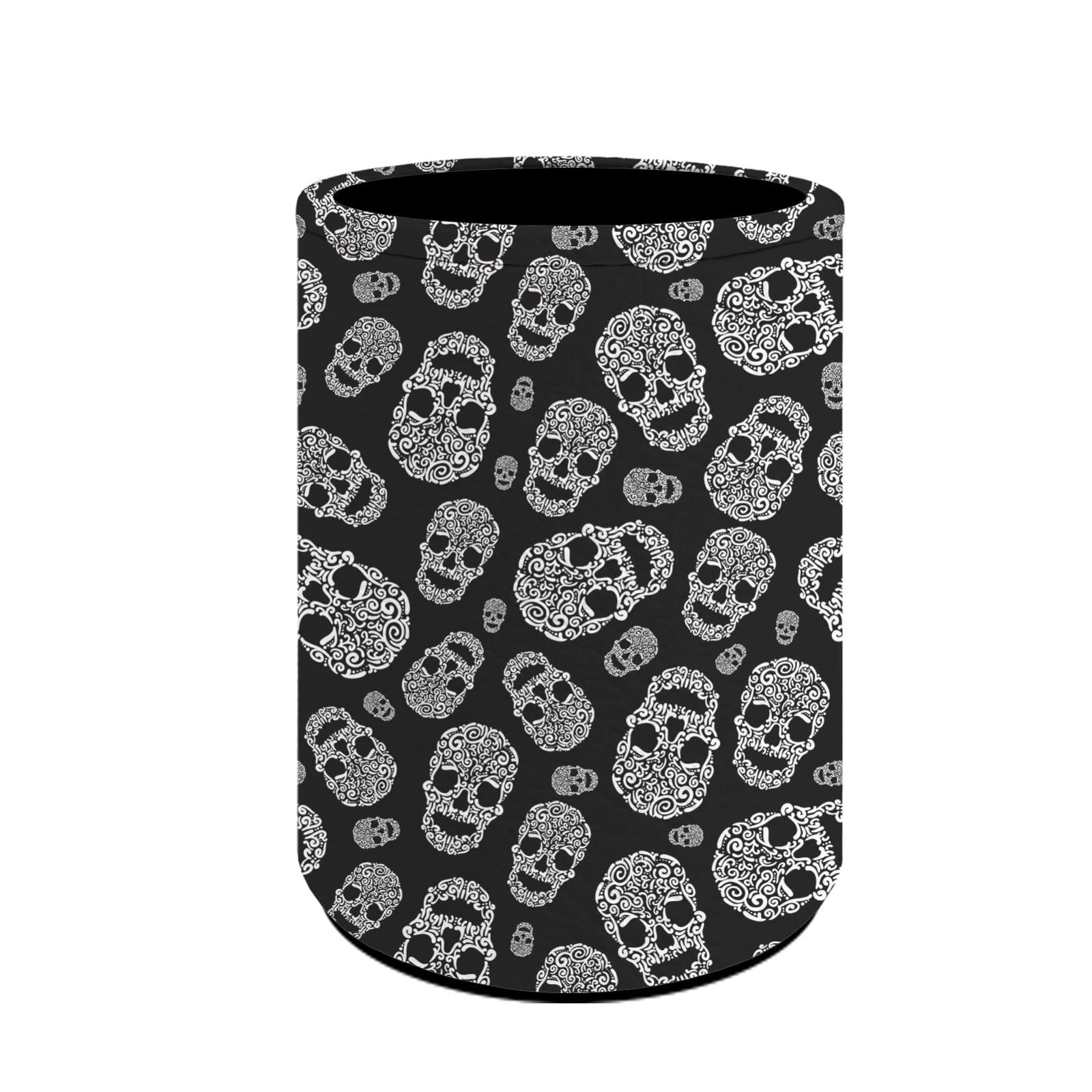 COEQINE Round Desk Pen Holder Pencil Cup with Skull Pattern Black,Makeup Brush Cup Holder Desk Organizer for Home Office,PU Leather