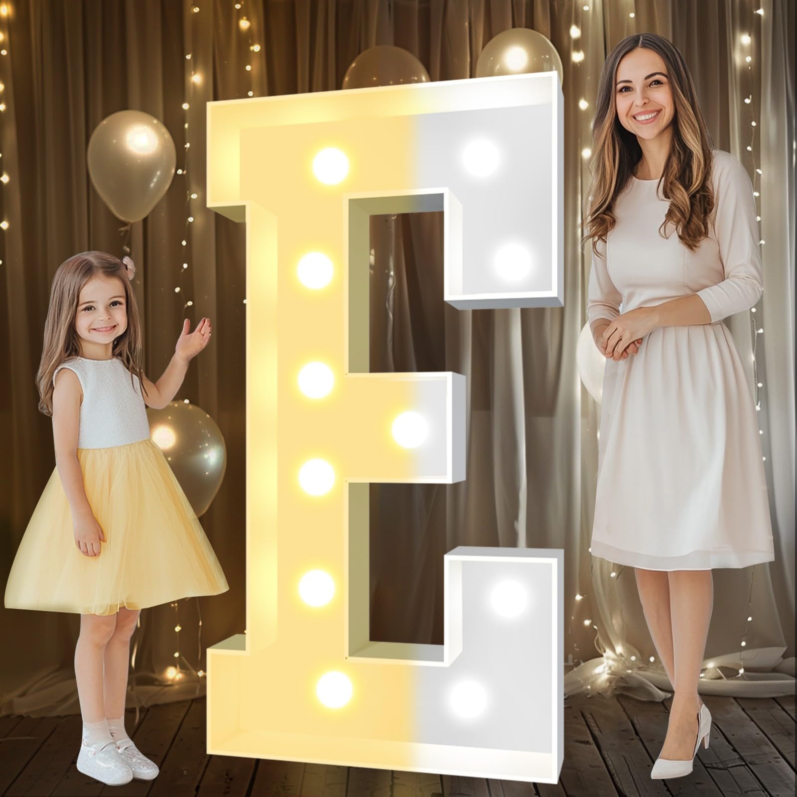 Photo 1 of Pooqla 4 FT Marquee Light Up Letters, Cool White and Warm White Marquee Letter 4 Feet Tall, Giant LED Sign Big Mosaic Letter E for Balloons Birthday Party Anniversary Wedding Decorations