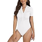 OPOIPIN Women's Rib Knit Collar Deep V Neck Ruched Buttons Short Sleeve Bodysuit Leotard Top