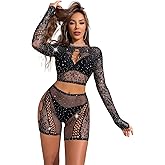 Aucute Sexy Lingerie Sets for Women Clubwear, Hollow Mesh See Through Rave Outfits, Fishnet Top and Shorts 2 Piece Nightwear